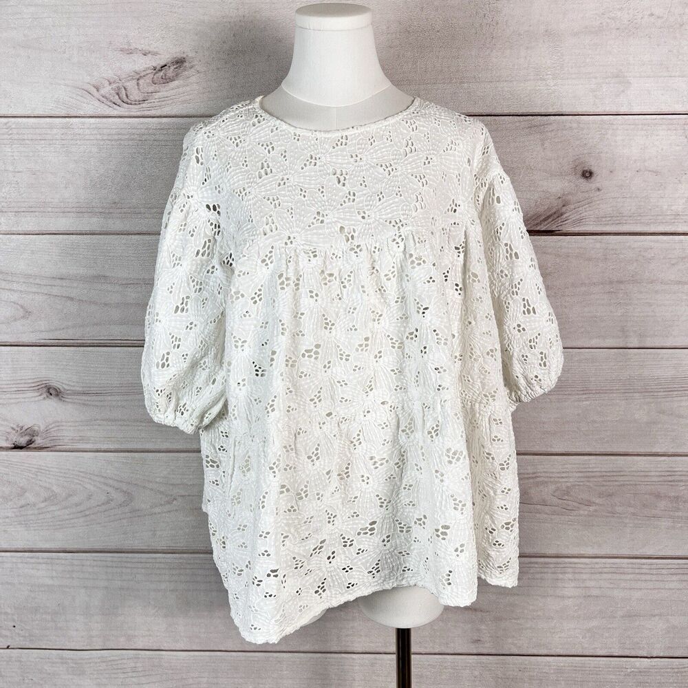 Merlette White Lace Eyelet Blouse Tunic Top 100% Cotton Women’s Sz L